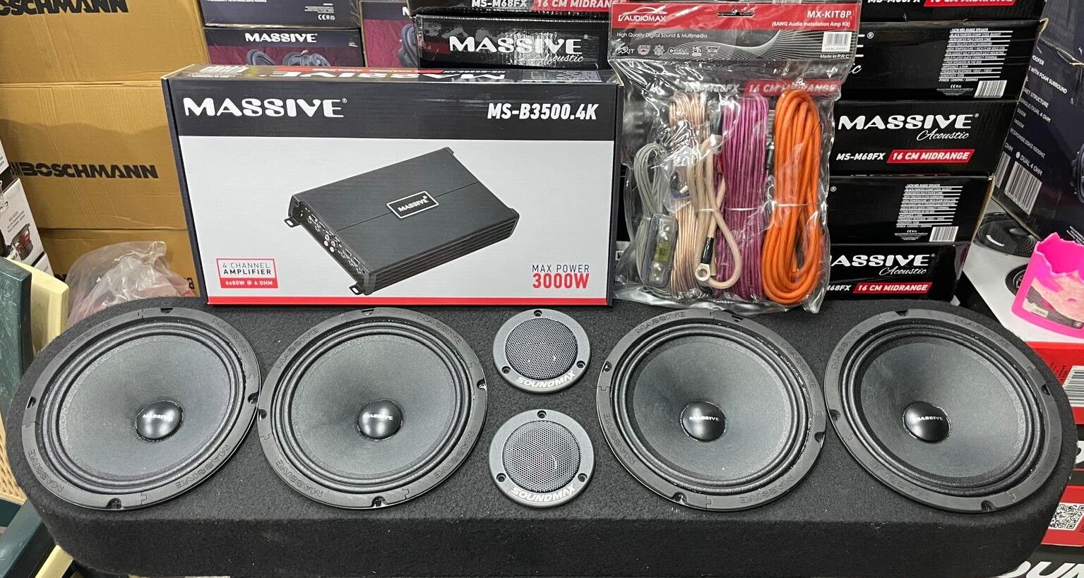 MASSİVE MS-M8B 20CM 400W MİDRANGE X 4 ADET + SX-TA93 DOME TİZ 200W X 2 ADET + MS-B3500.4 4KANAL 3000W AMFİ PANDİZOT KABLO TK.