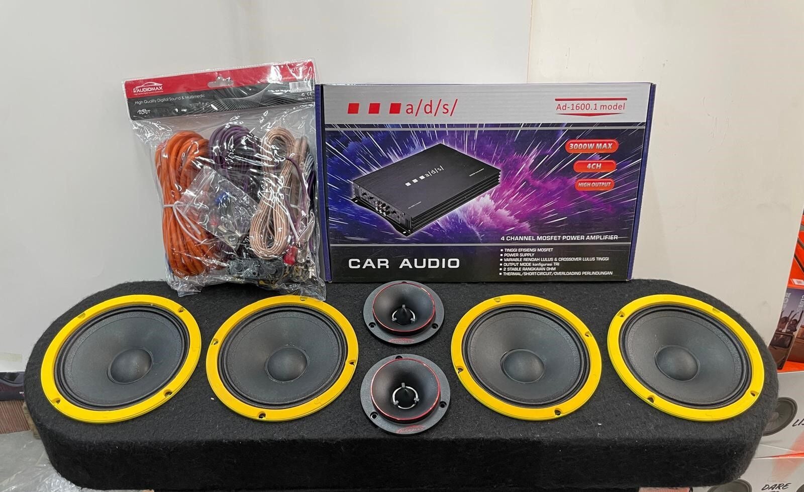 BM AUDİO 16 CM MİDRANGE 650 WATT X 2 TAKIM AUDİOMAX 600 WATT DOME TİZ ADS 3000 WAT 4 KANAL AMFİ KABLO TAKIMI PANDİZOT