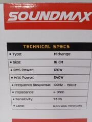 SOUNDMAX SX-MX60 MİDRANGE 16 CM 240 WATT MAXİMUM POWER 120 WATT RMS POWER CLOTH SURROUND