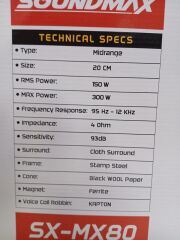 SOUNDMAX SX-MX80 MİDRANGE 20 CM 300 WATT MAXİMUM POWER 150 WATT RMS POWER CLOTH SURROUND