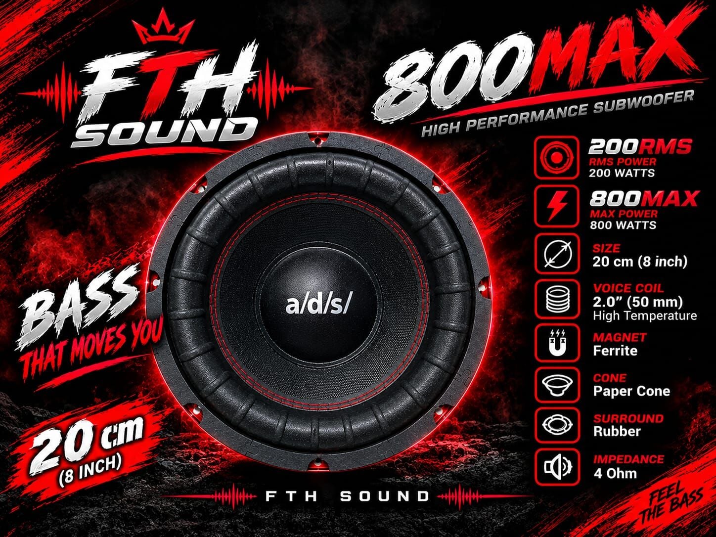 ADS 20 CM SUBFOOFER BAS KABİNLİ 800 WATT MAXİMUM 200 RMS