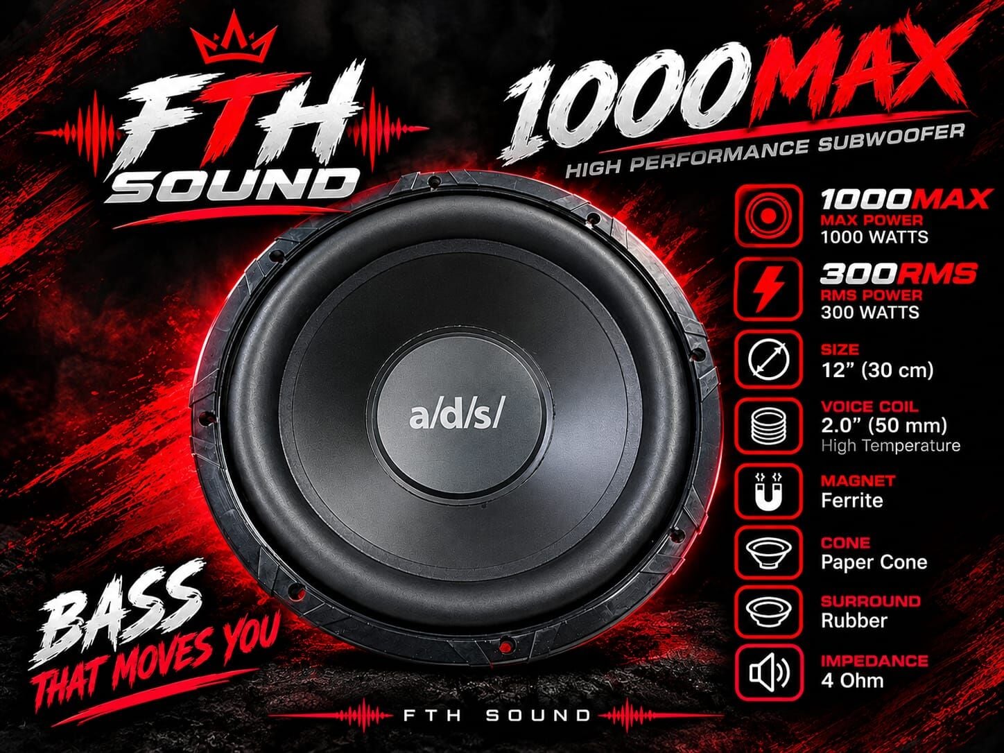 ADS 30 CM SUBFOOFER BAS 1000 WATT MAXİMUM 300 RMS