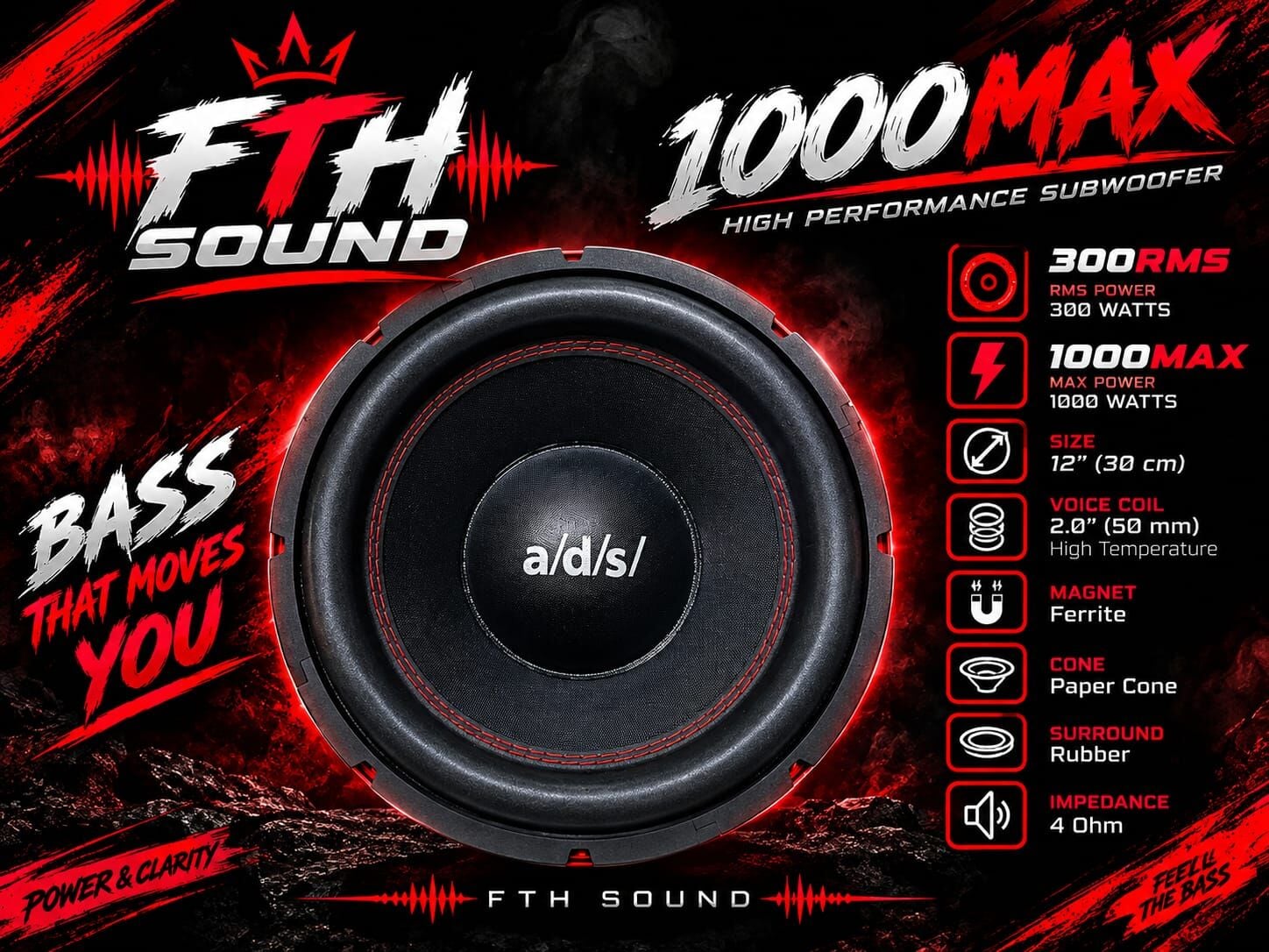 ADS 30 CM SUBFOOFER BAS 1000 WATT MAXİMUM 300 RMS